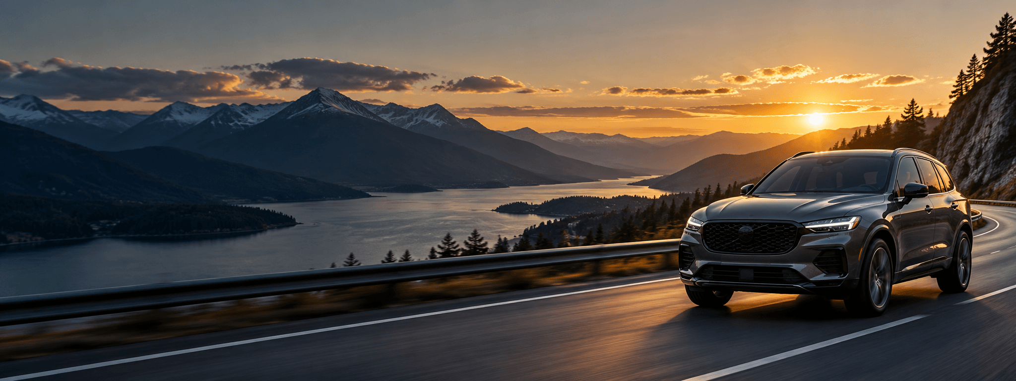 A premium vehicle overlooking a coastal sunset